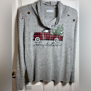 Rotrelogy Lg. Gray-Red Buffalo Plaid Truck "Merry Christmas Cowl Neck Pullover